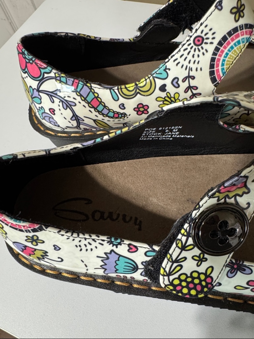 Savvy JANE Floral Mary Jane Shoes in White Pink Blue Velcro Slip Resistant - Picture 2 of 11